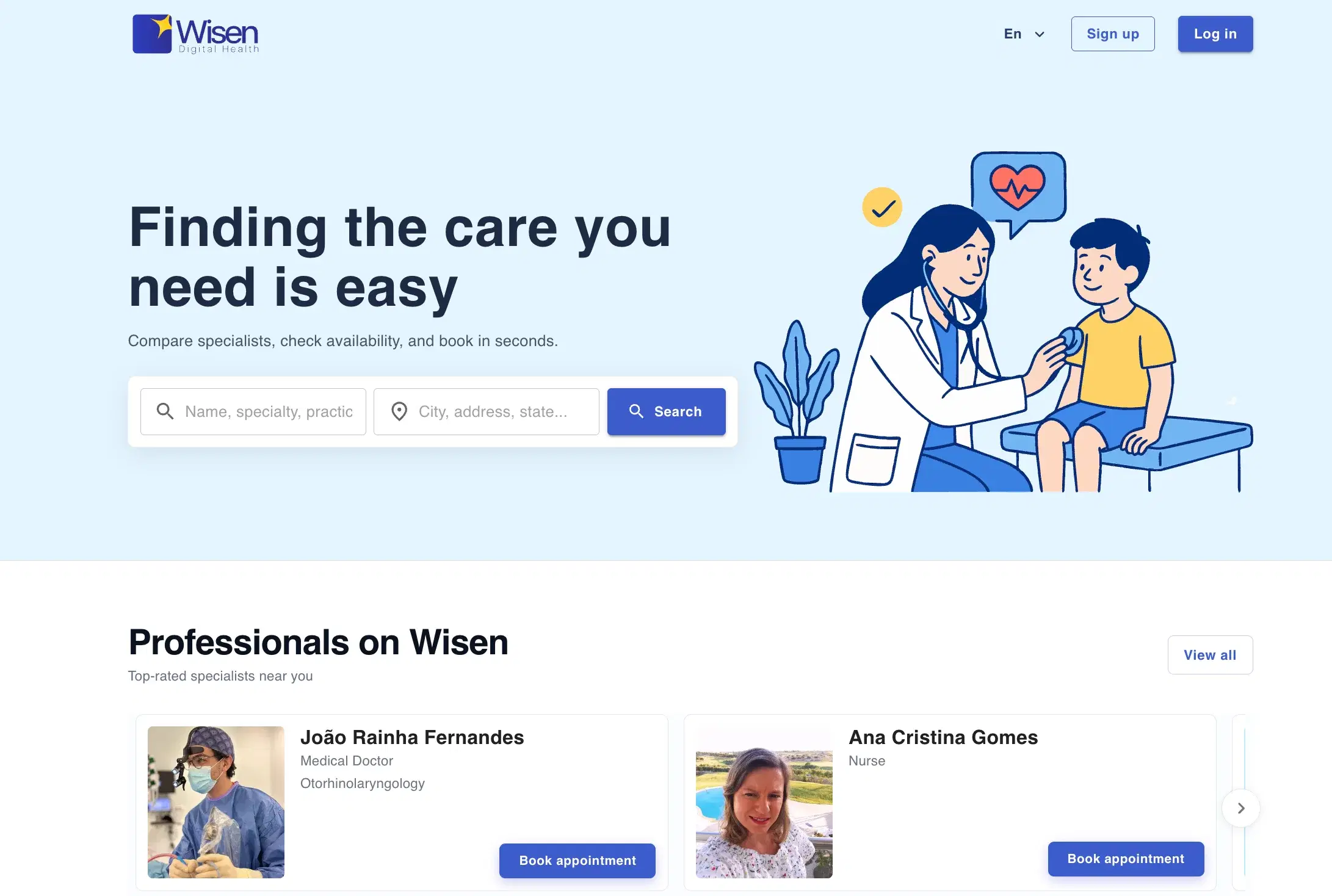 Wisen healthcare booking platform interface